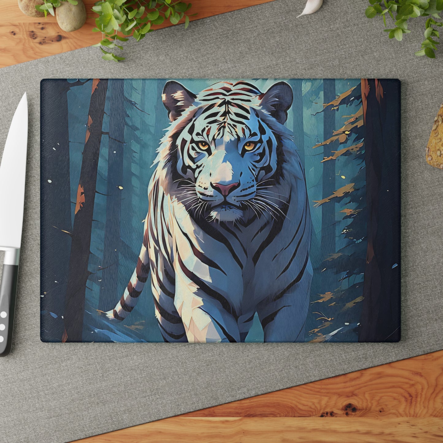 White Tiger Forest Glass Cutting Board — Decorative Kitchen Chopping Board