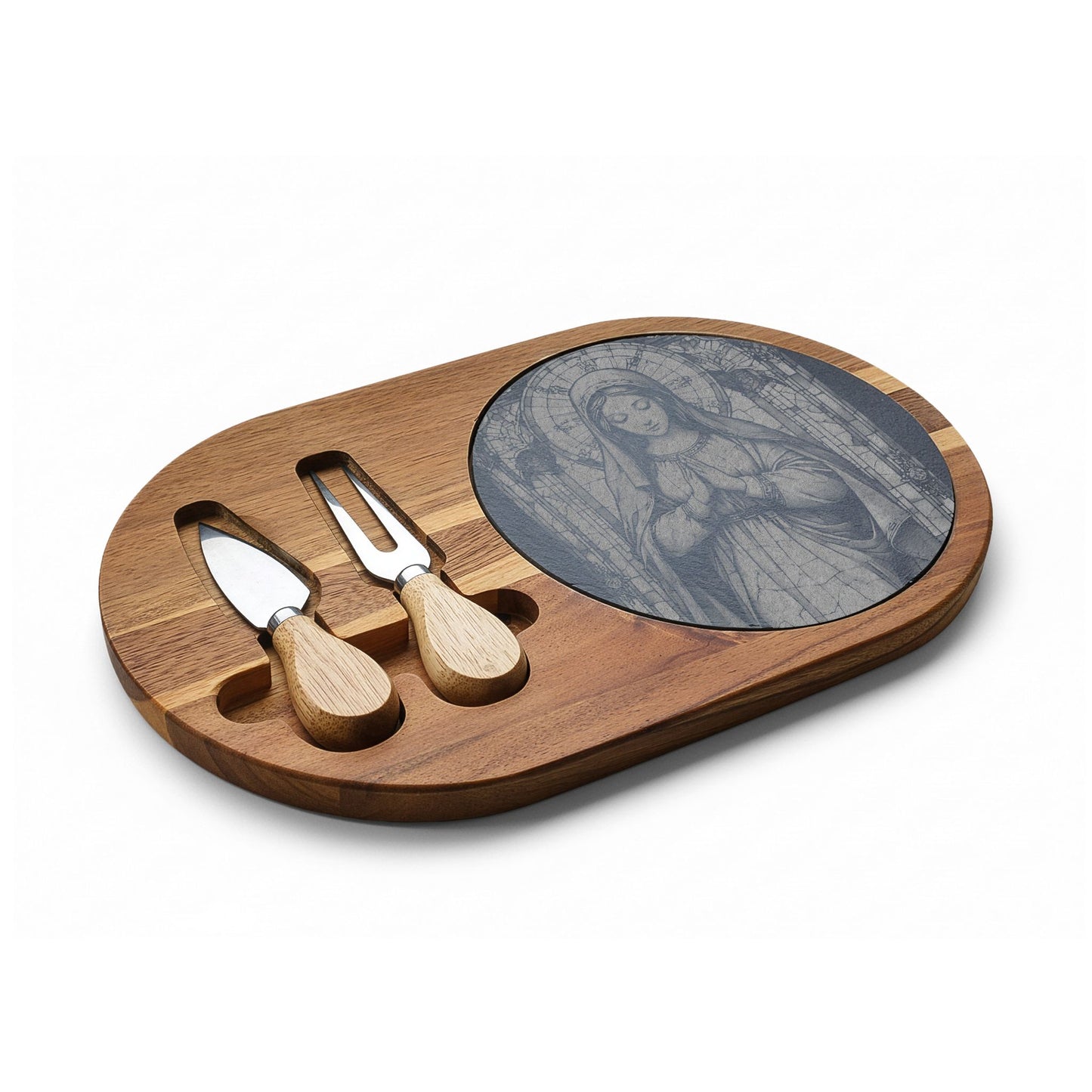 Engraved Virgin Mary Charcuterie Board with Marble Inlay — Religious Cheese Serving Set