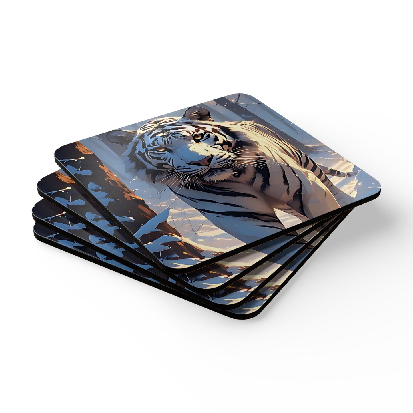 White Tiger Cork Coaster Set — Winter Forest Animal Drink Coasters (4-Pack)