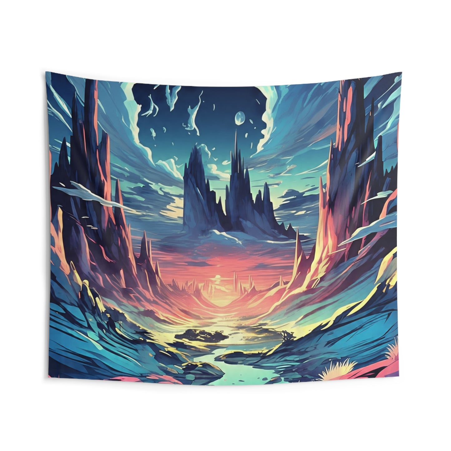 Fantasy Landscape Tapestry — Vibrant Sunset Alien World Wall Art