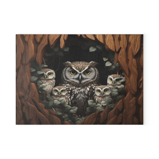 Owl Family Glass Cutting Board, Artistic Kitchen Decor, Gift for Animal Lovers, Nature-Inspired Home Accent, Unique Culinary Gift