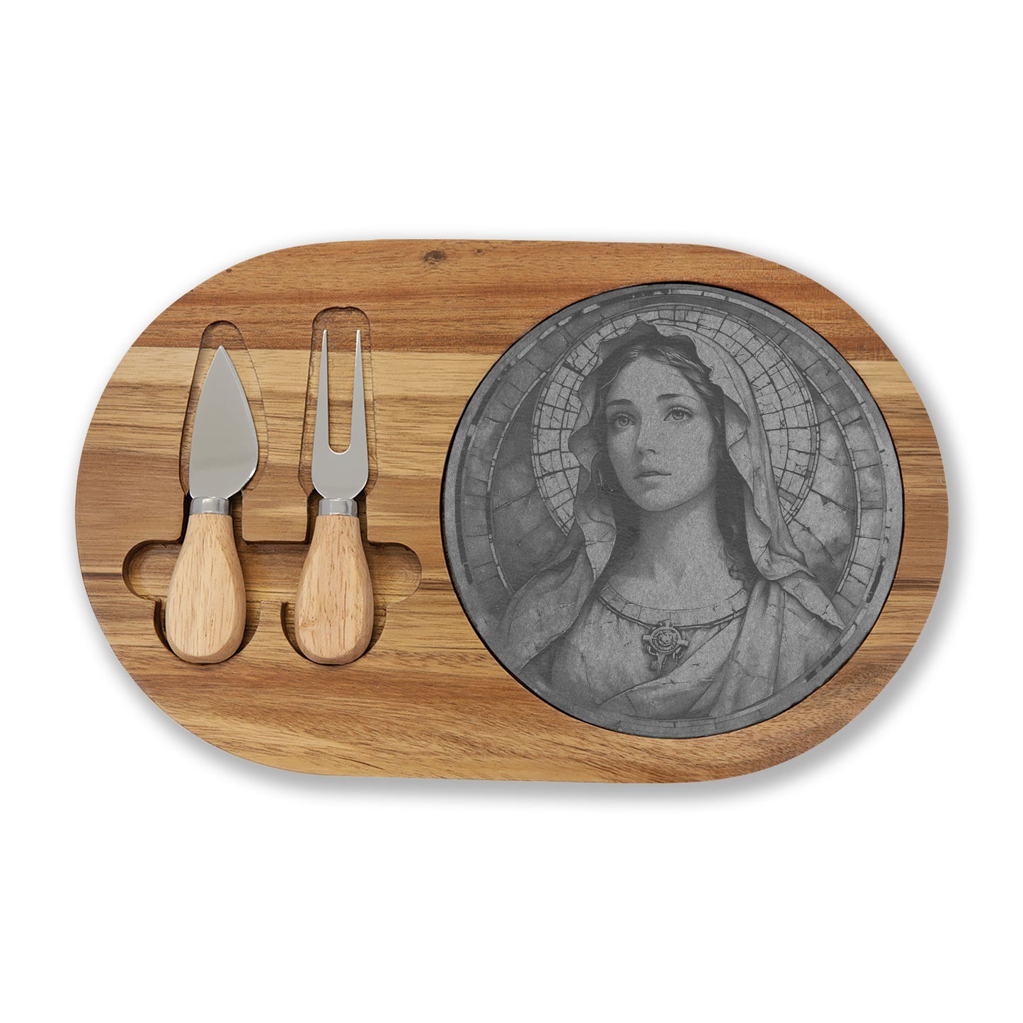 Engraved Bamboo Charcuterie Board Mary with Slate Round & Cheese Tools