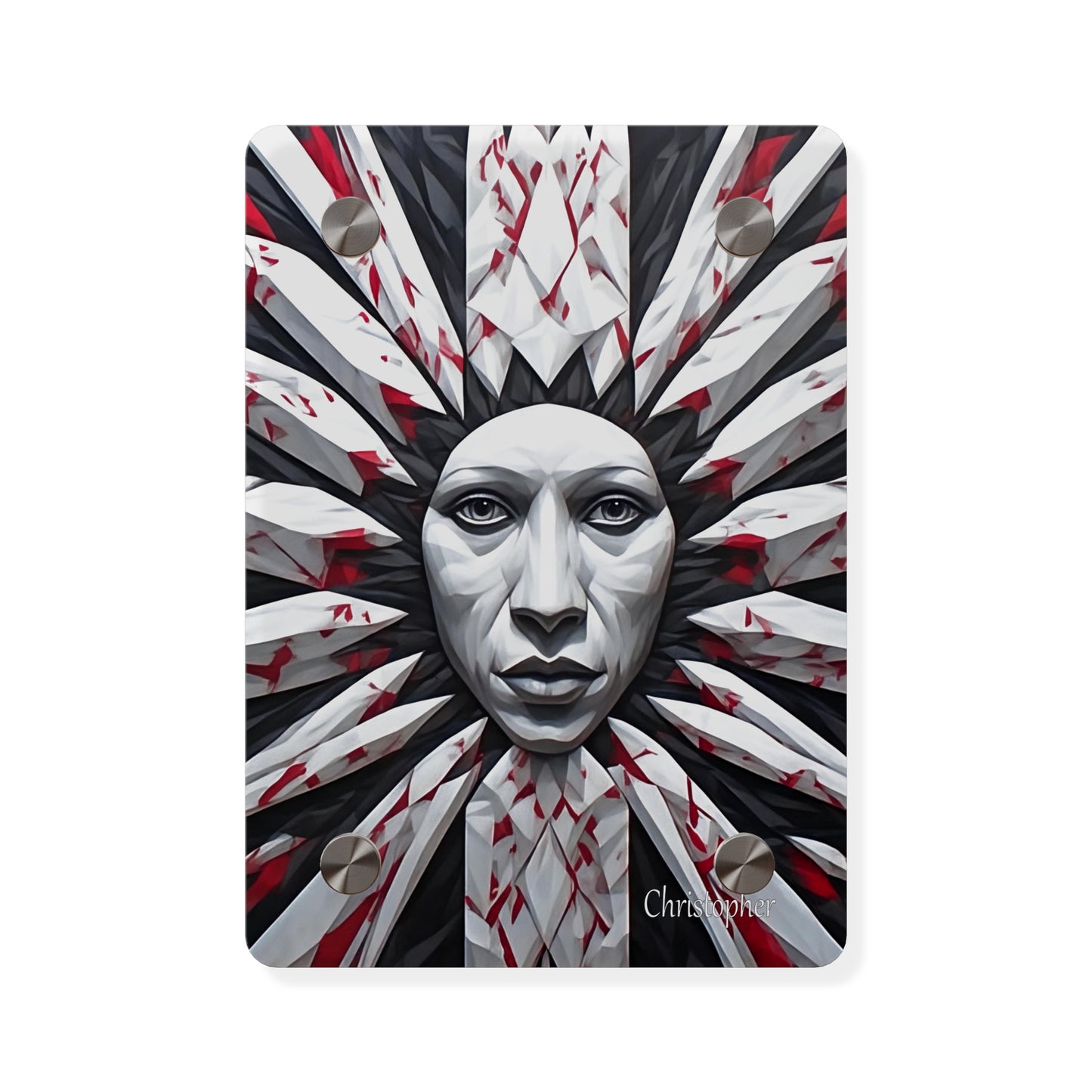 Acrylic Wall Art Panel — Surreal Sunburst Face with Red & Black Feather Design