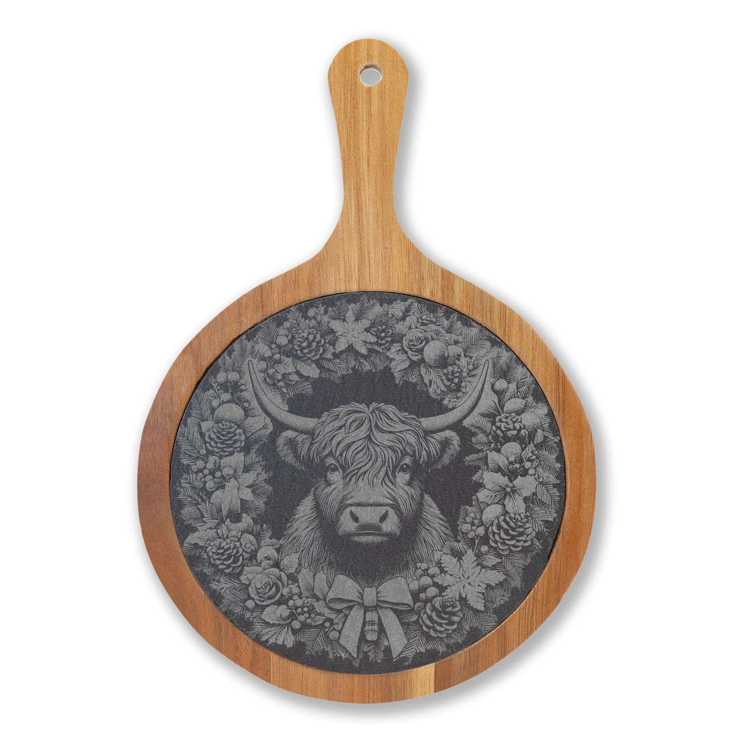 Engraved Wooden Charcuterie Board with Highland Cow Slate Inlay — Cheese Knife Set