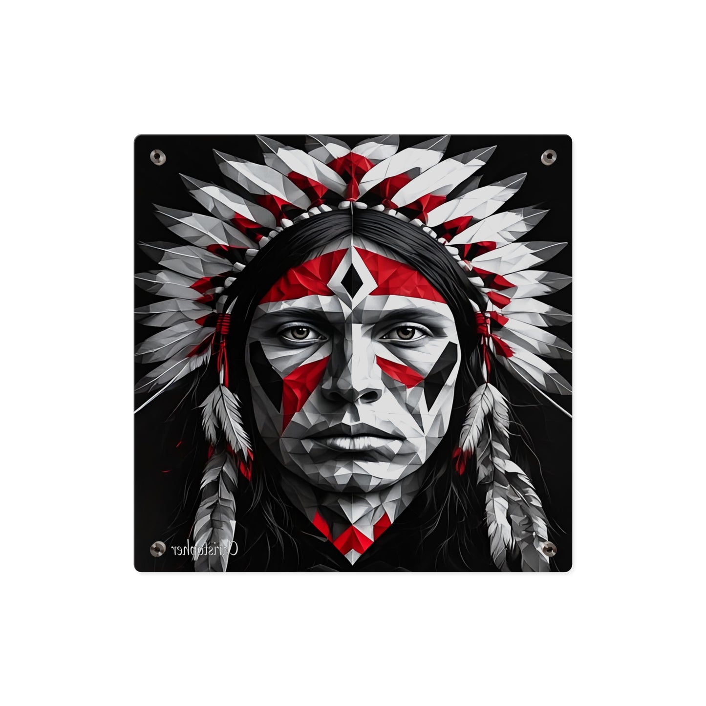 Acrylic Wall Art Panel — Geometric Indigenous Warrior Portrait (Red & Black)