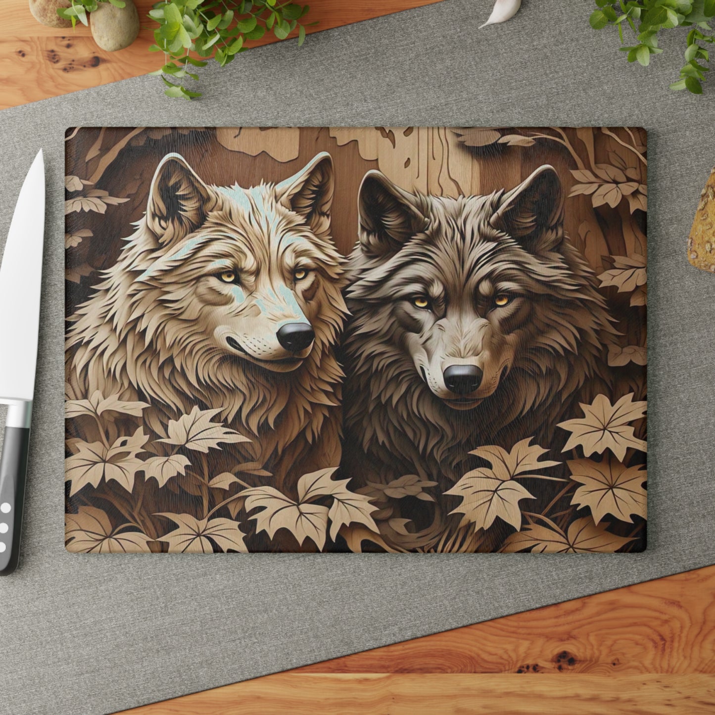 Wolf Family Glass Cutting Board, Kitchen Decor, Rustic Chopping Board, Gift for Nature Lovers, Wildlife Art, Home Cooking