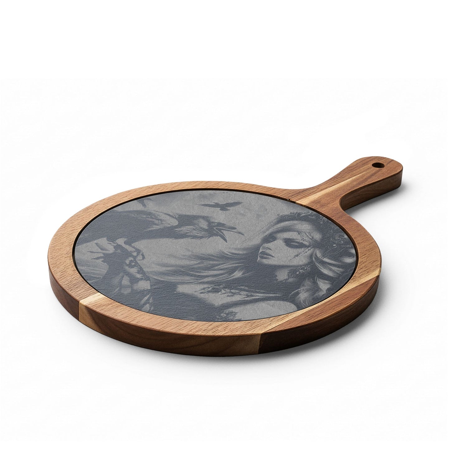 Engraved Charcuterie Board with Stone Inlay — Gothic Woman & Raven Serving Set