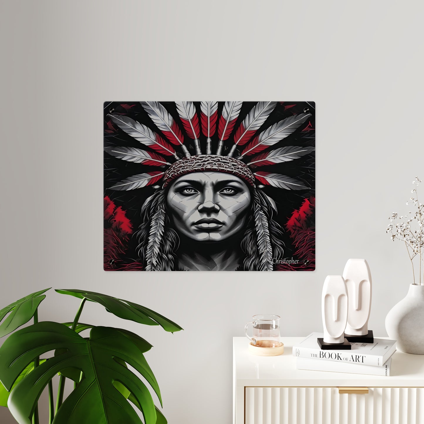 Acrylic Wall Art Panel — Bold Native Chief Portrait in Red & Black
