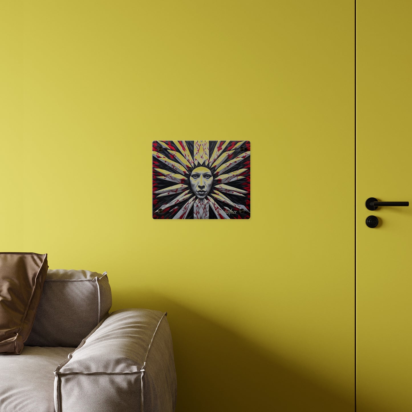 Acrylic Wall Art Panel — Surreal Sunburst Face with Red & Black Feather Design