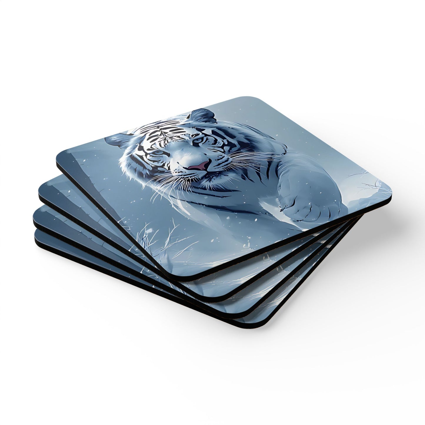 White Tiger Snow Scene Cork Coaster Set — Animal Art Drink Coasters (4-Pack)
