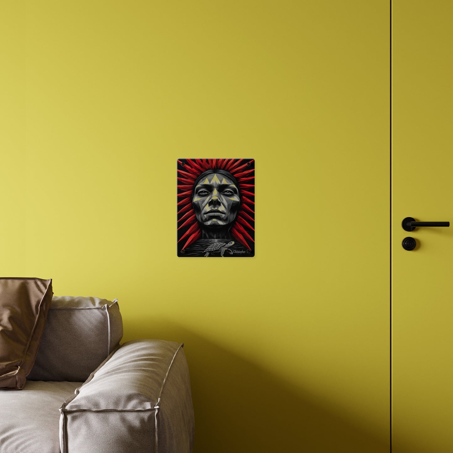 Acrylic Wall Art Panel — Geometric Tribal Face with Red Feather Headdress