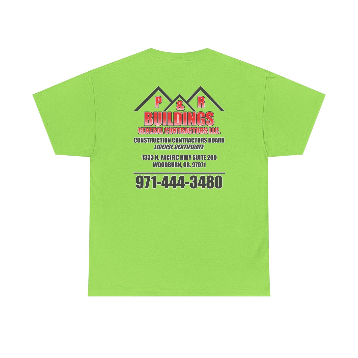 P&R BUILDINGS Logo Tee — Built Kings Contractor T‑Shirt (Phone & License Info on Back)