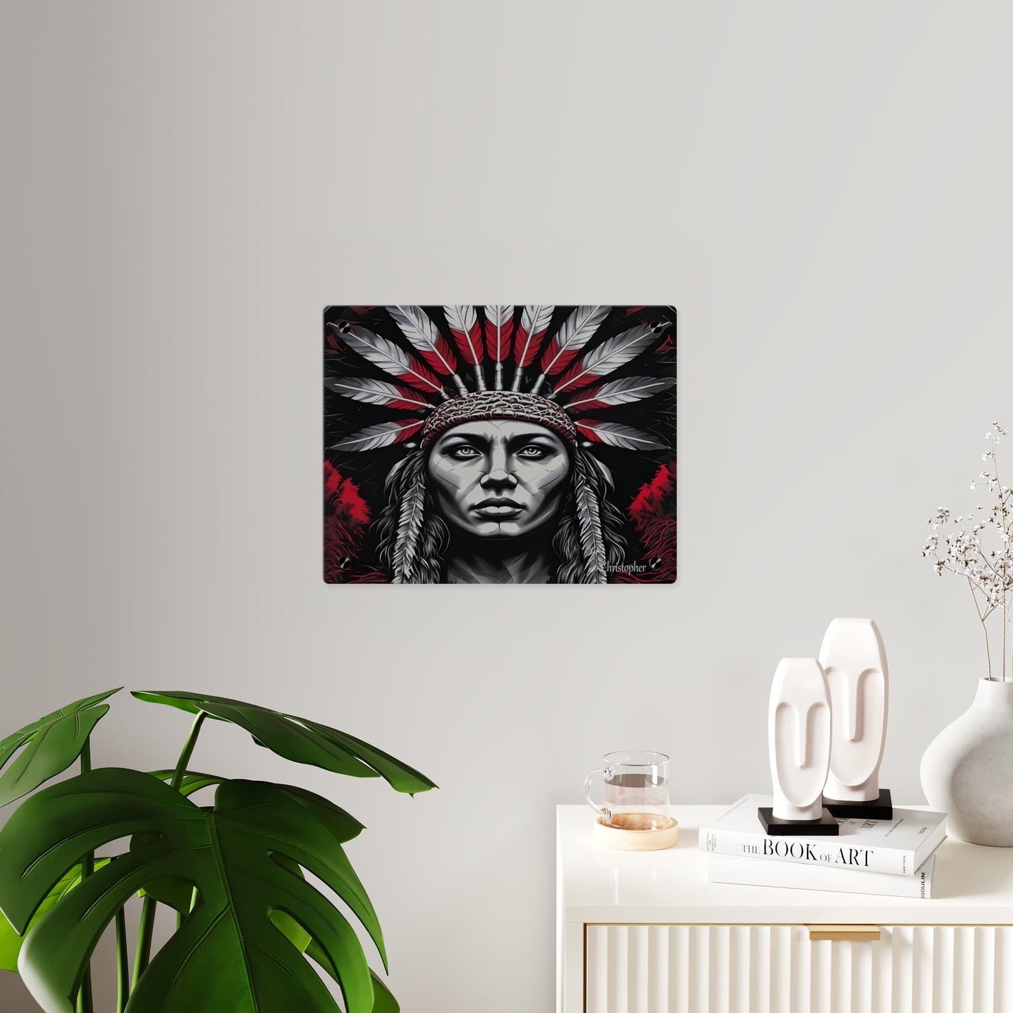 Acrylic Wall Art Panel — Bold Native Chief Portrait in Red & Black