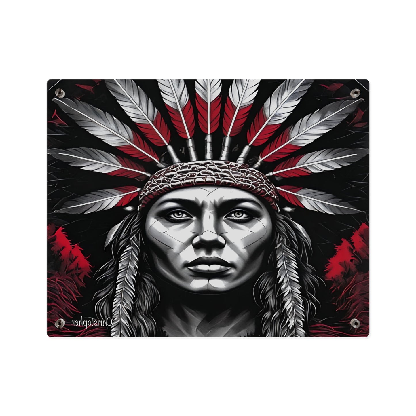 Acrylic Wall Art Panel — Bold Native Chief Portrait in Red & Black