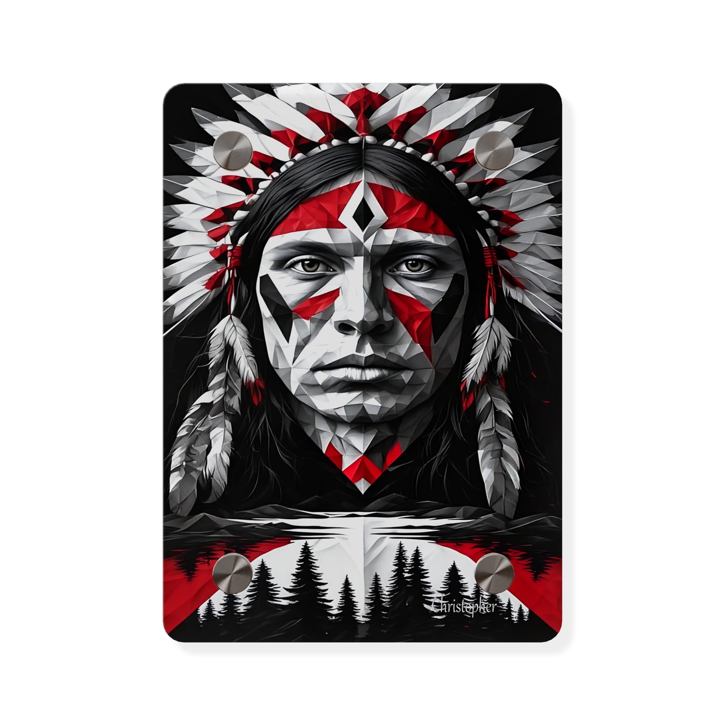 Acrylic Wall Art Panel — Geometric Indigenous Warrior Portrait (Red & Black)