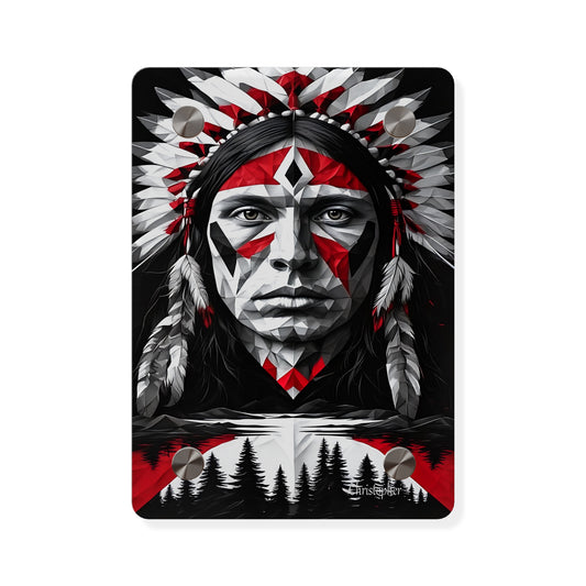 Acrylic Wall Art Panel — Geometric Indigenous Warrior Portrait (Red & Black)