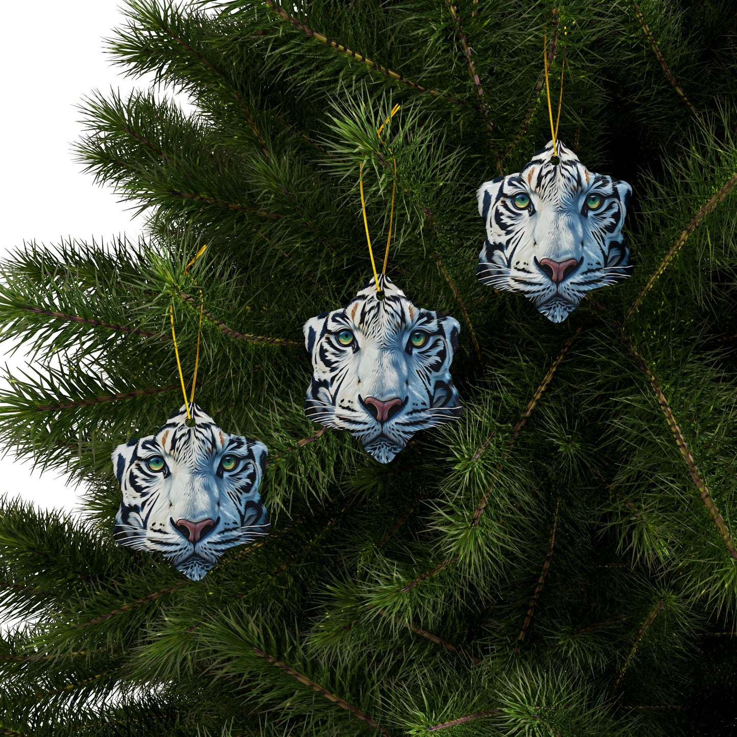 White Tiger Ceramic Ornament — Two-Sided Round Holiday Decoration