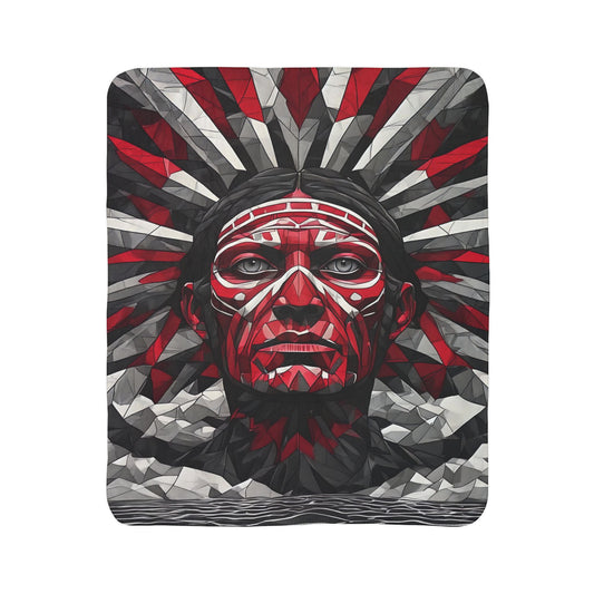 Tribal Headdress Fleece Sherpa Blanket — Bold Red & Gray Geometric Native-Inspired Design