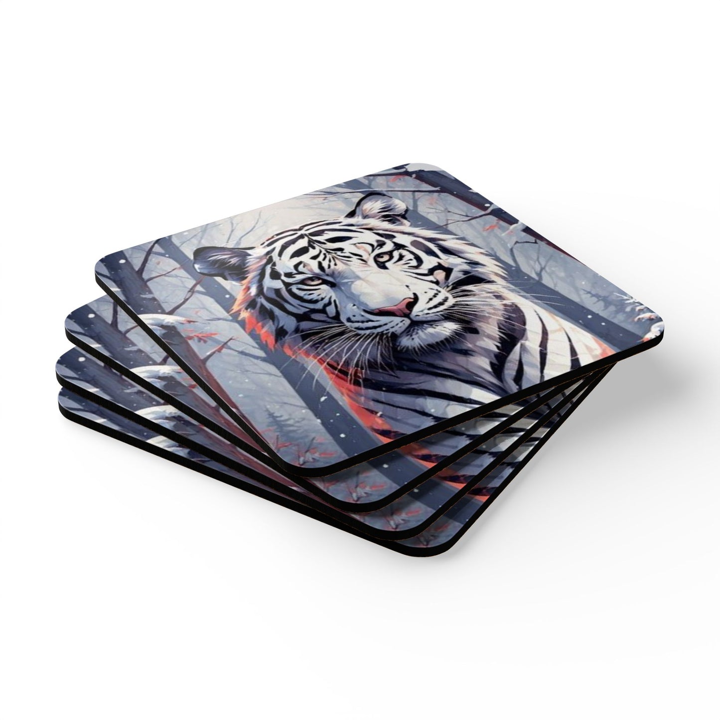 White Tiger Cork Coaster Set — Winter Forest Wildlife Drink Coasters (4-Pack)