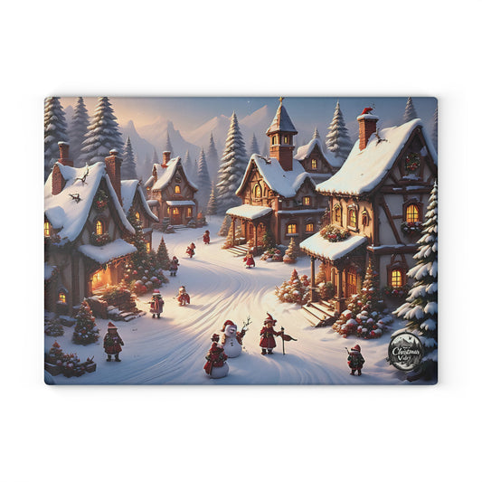 Charming Winter Village Glass Cutting Board, Holiday Kitchen Decor, Unique Gift for Home Chefs, Christmas Celebration, Rustic Style