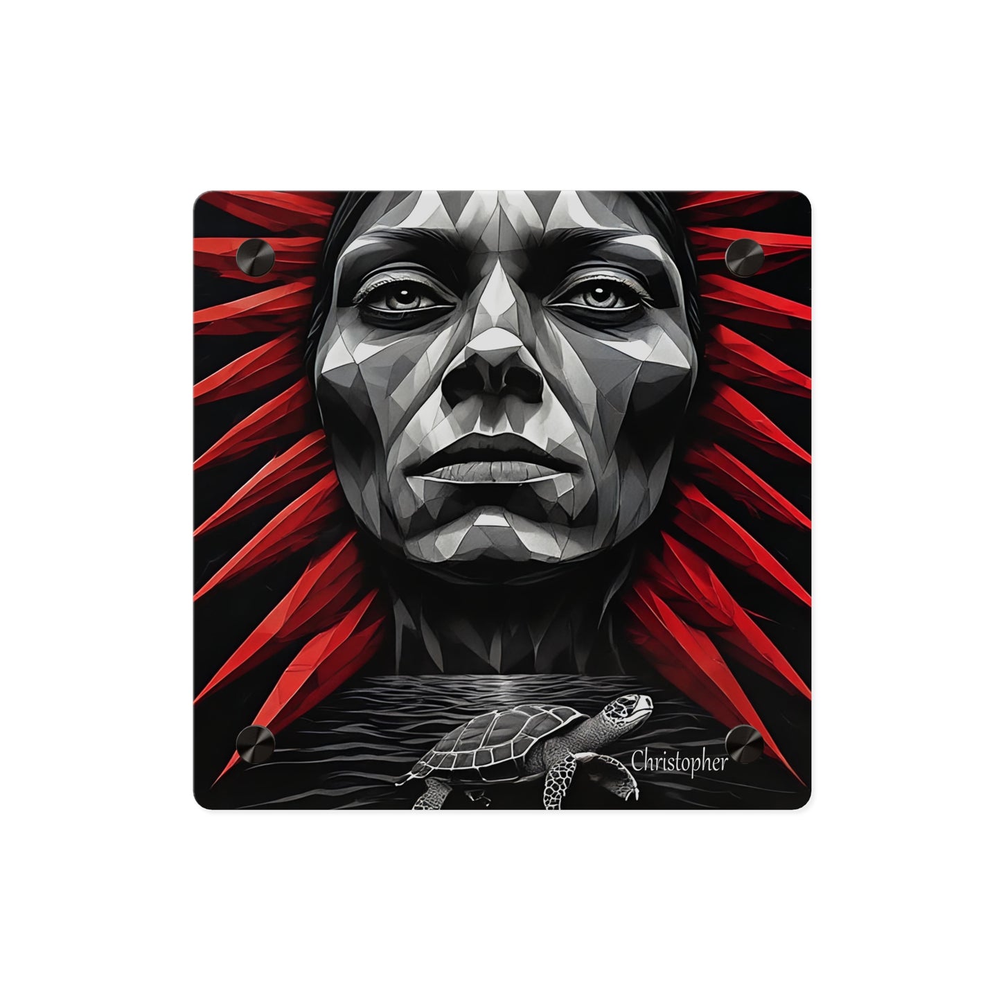Acrylic Wall Art Panel — Geometric Tribal Face with Red Feather Headdress