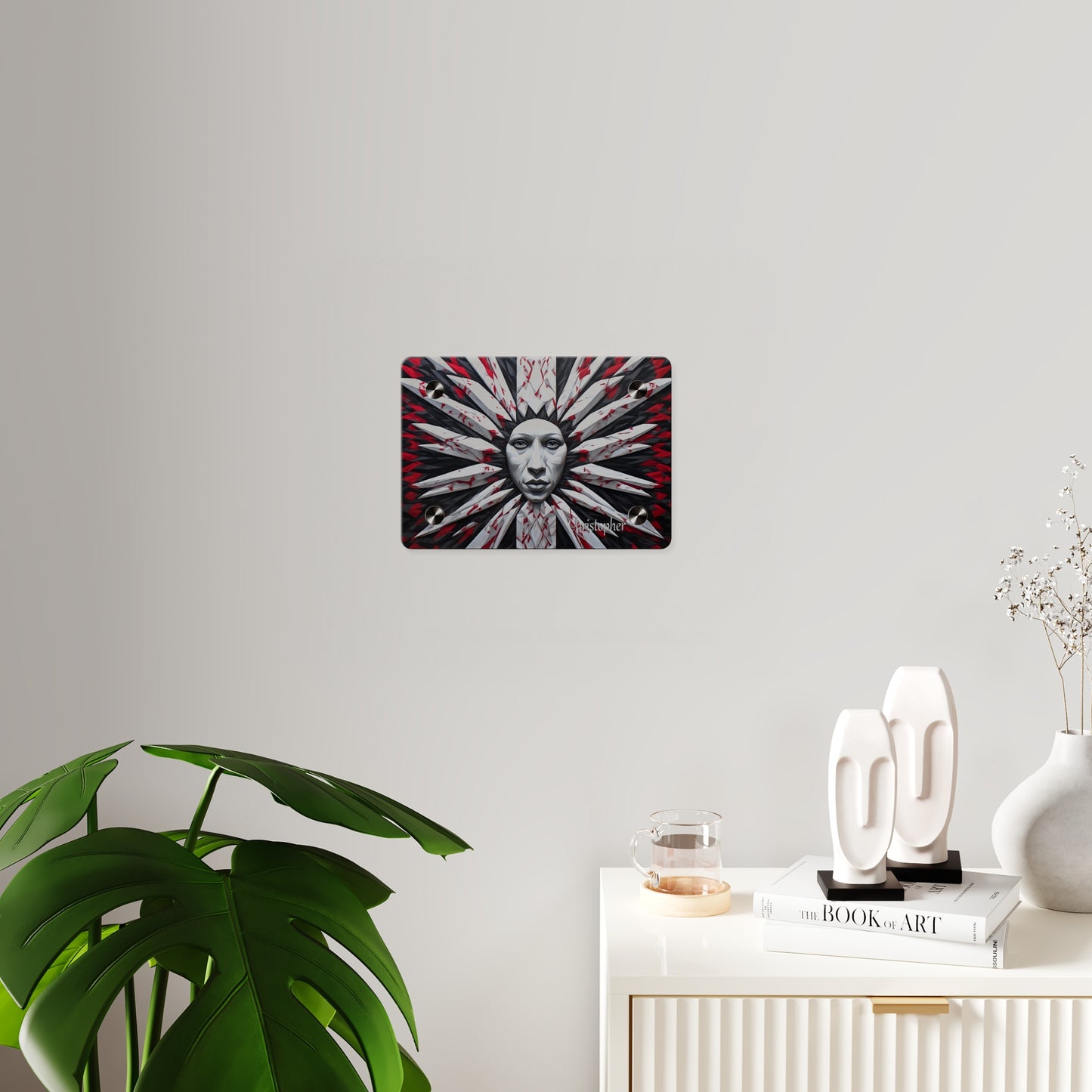 Acrylic Wall Art Panel — Surreal Sunburst Face with Red & Black Feather Design