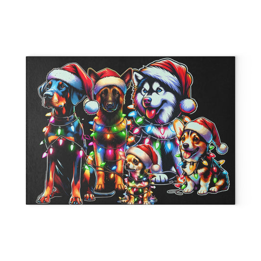 Christmas Dogs Glass Cutting Board — Festive Santa Hats & Holiday Lights