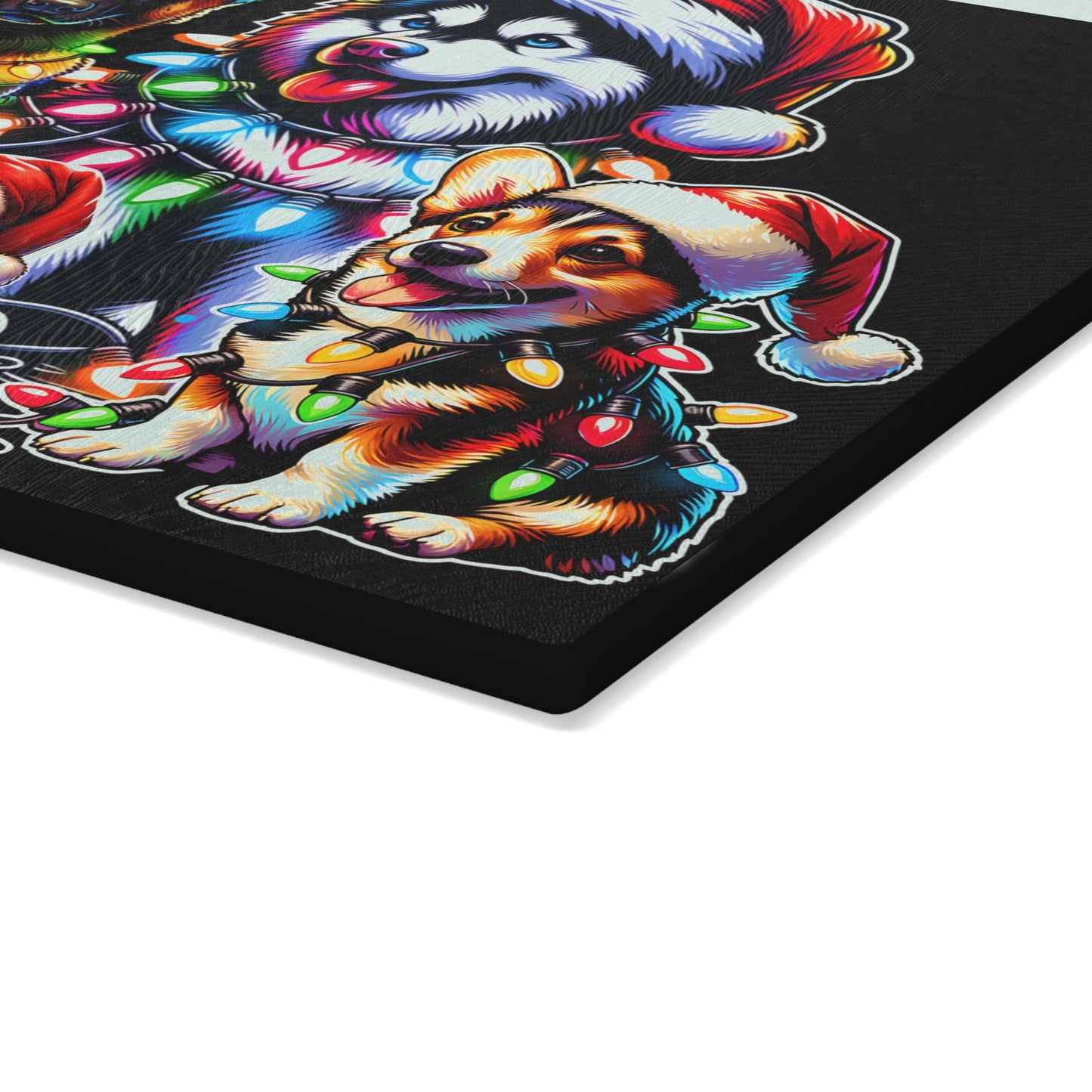 Christmas Dogs Glass Cutting Board — Festive Santa Hats & Holiday Lights