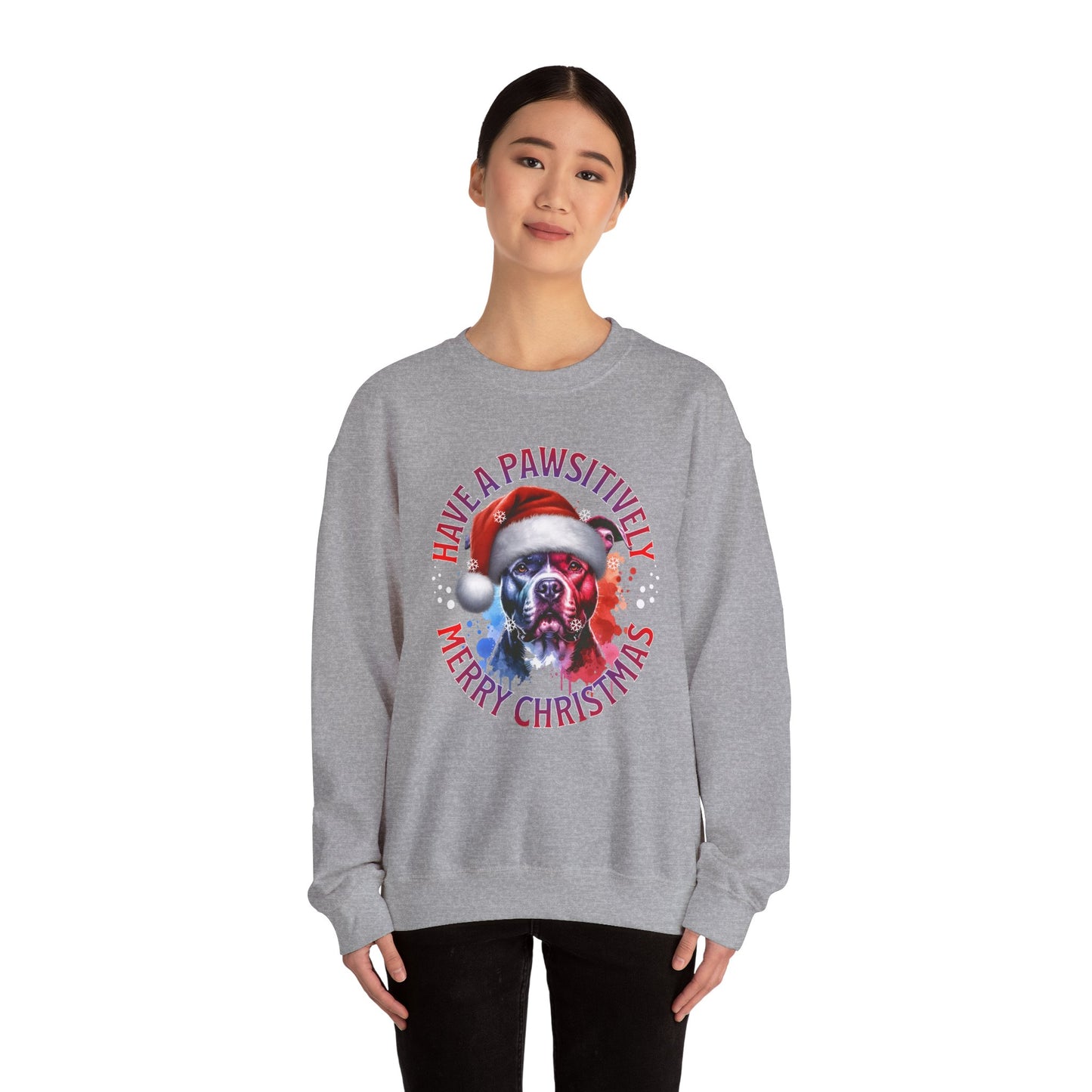 Crewneck Pit Bull Sweatshirt - "Have a Pawsitively Merry Christmas" Dog Santa Holiday Sweatshirt