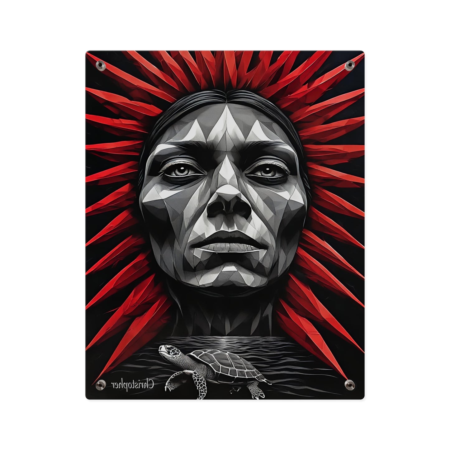 Acrylic Wall Art Panel — Geometric Tribal Face with Red Feather Headdress