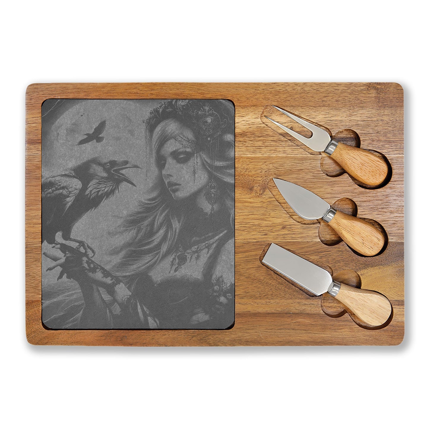 Engraved Charcuterie Board with Stone Inlay — Gothic Woman & Raven Serving Set