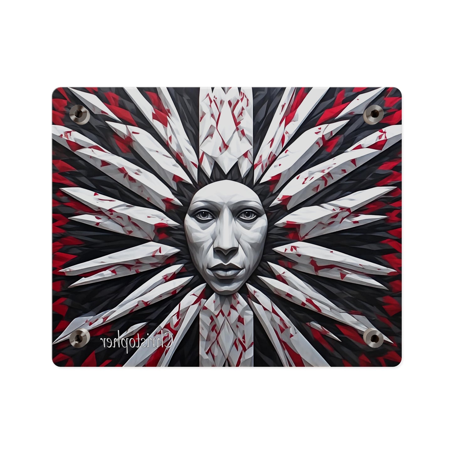 Acrylic Wall Art Panel — Surreal Sunburst Face with Red & Black Feather Design