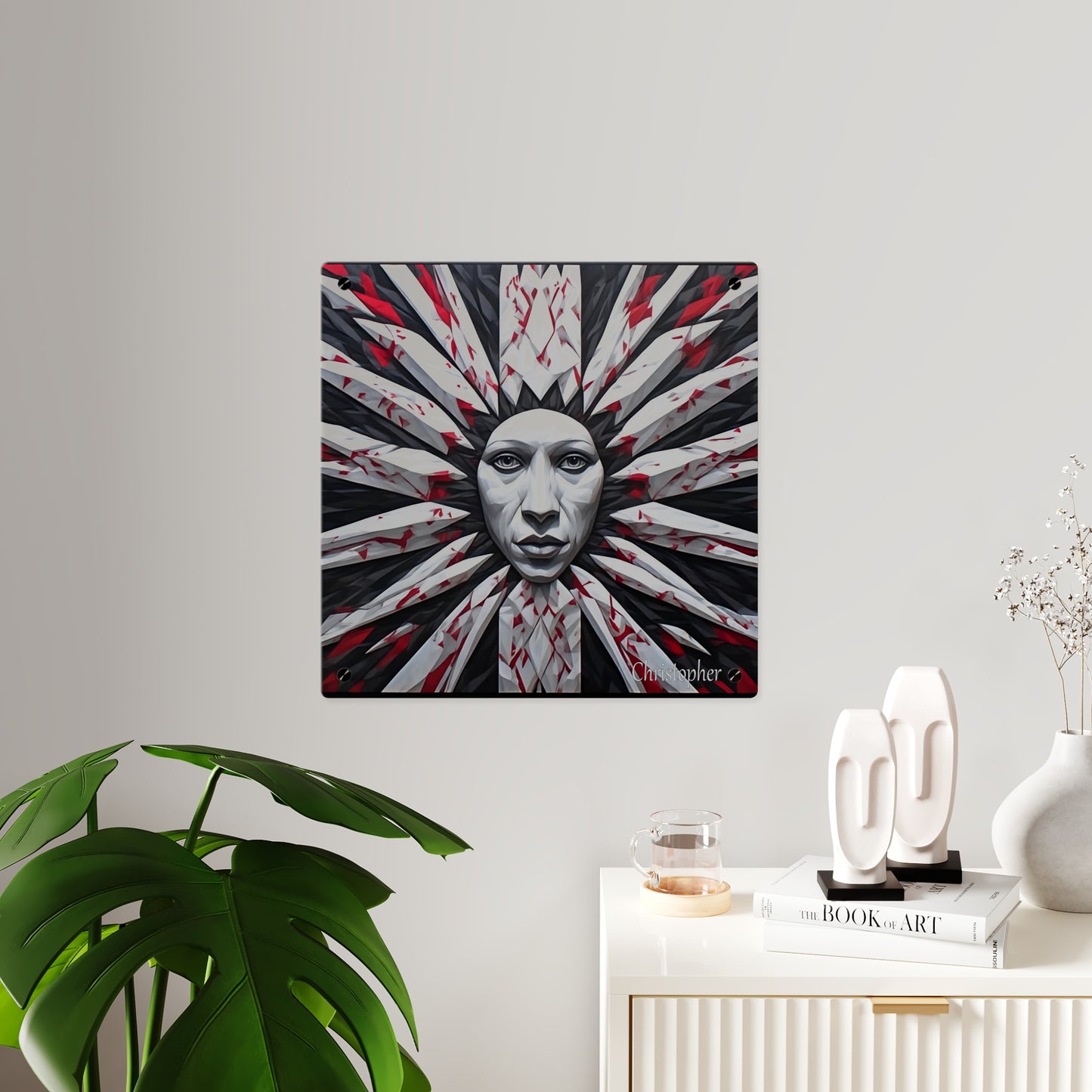 Acrylic Wall Art Panel — Surreal Sunburst Face with Red & Black Feather Design