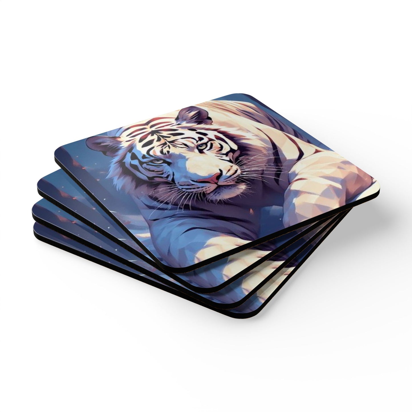 White Tiger Art Cork Coaster Set — Square Drink Coasters with Majestic Tiger Illustration