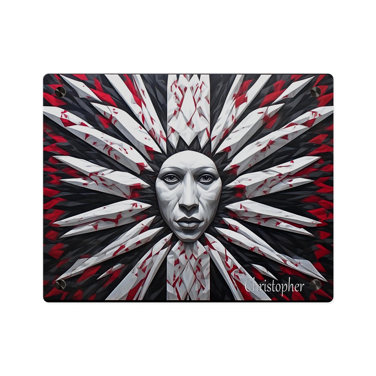 Acrylic Wall Art Panel — Surreal Sunburst Face with Red & Black Feather Design