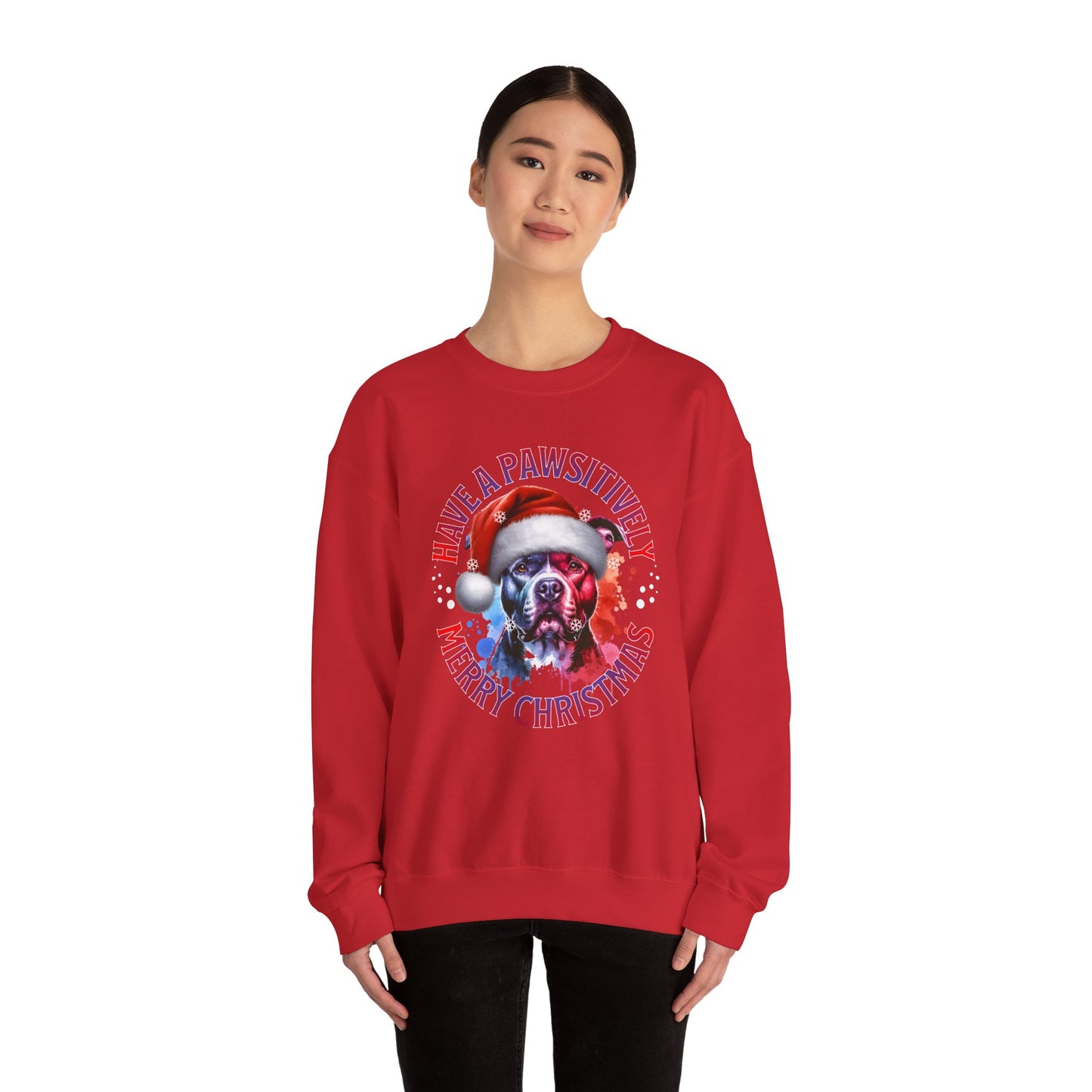 Crewneck Pit Bull Sweatshirt - "Have a Pawsitively Merry Christmas" Dog Santa Holiday Sweatshirt