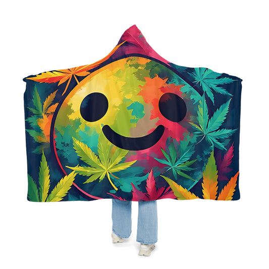 Hooded Blanket — Rainbow Smiley with Cannabis Leaf Cozy Throw