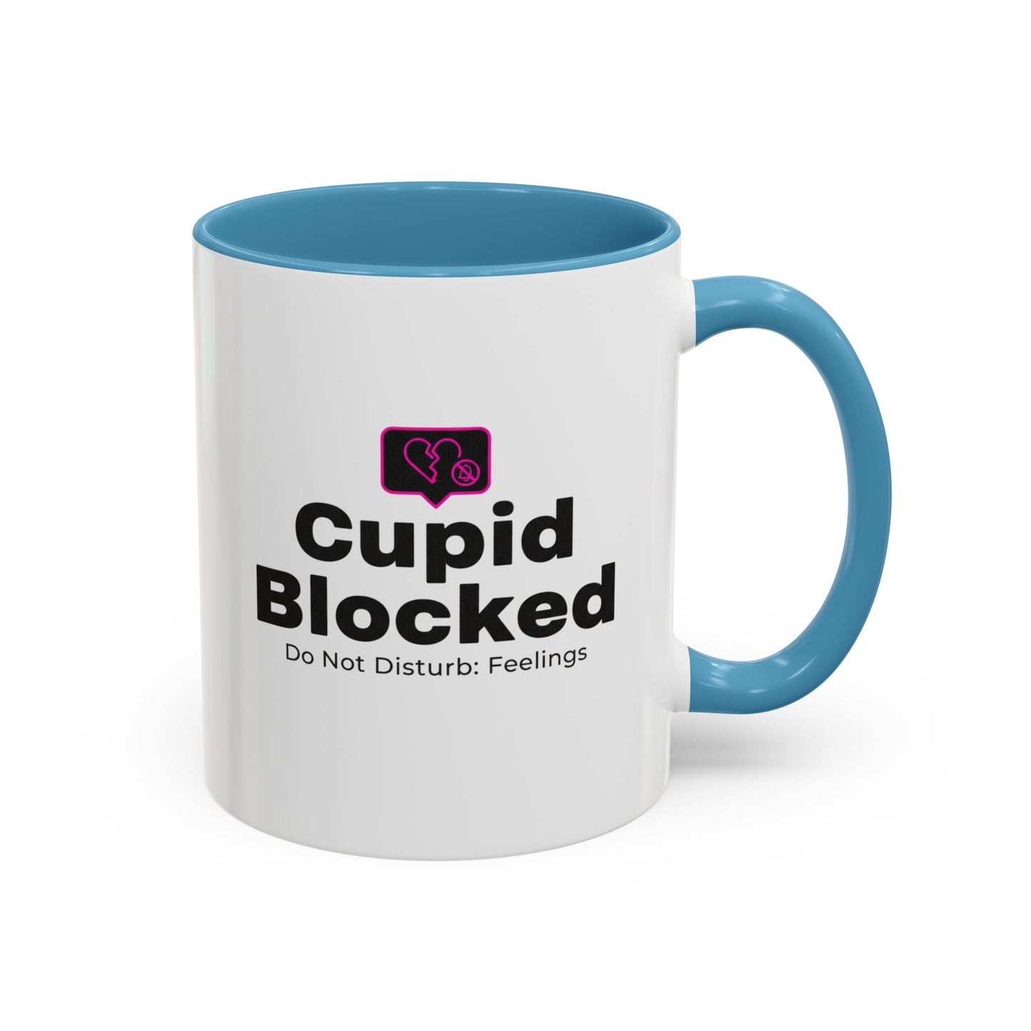 Cupid Blocked Accent Coffee Mug — 'Do Not Disturb: Feelings' Funny Anti-Valentine Gift