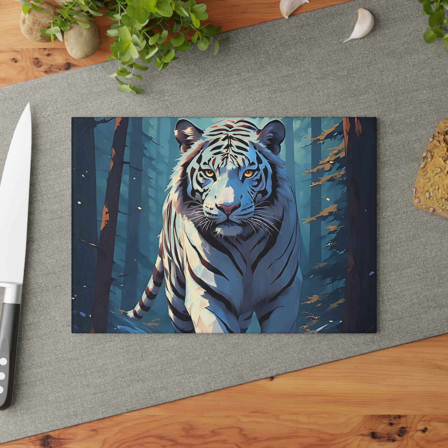 White Tiger Forest Glass Cutting Board — Decorative Kitchen Chopping Board
