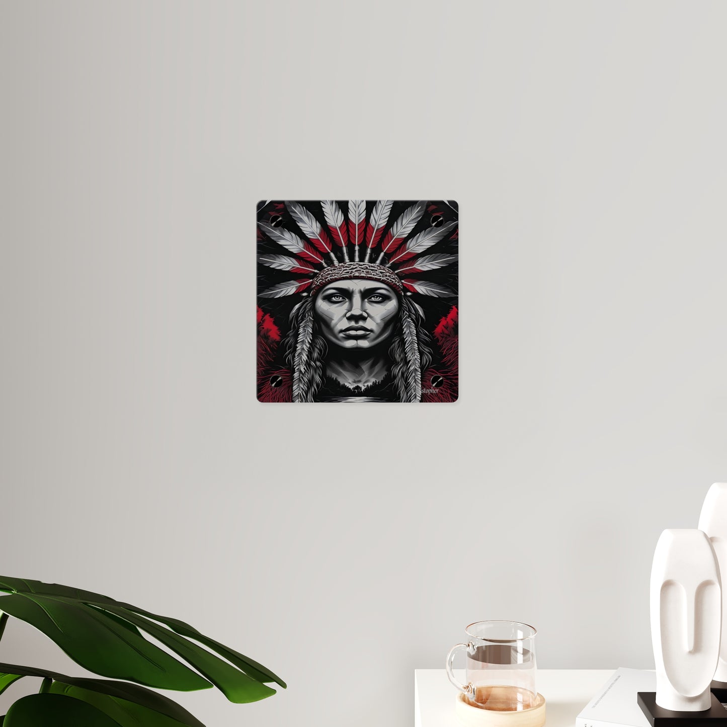 Acrylic Wall Art Panel — Bold Native Chief Portrait in Red & Black