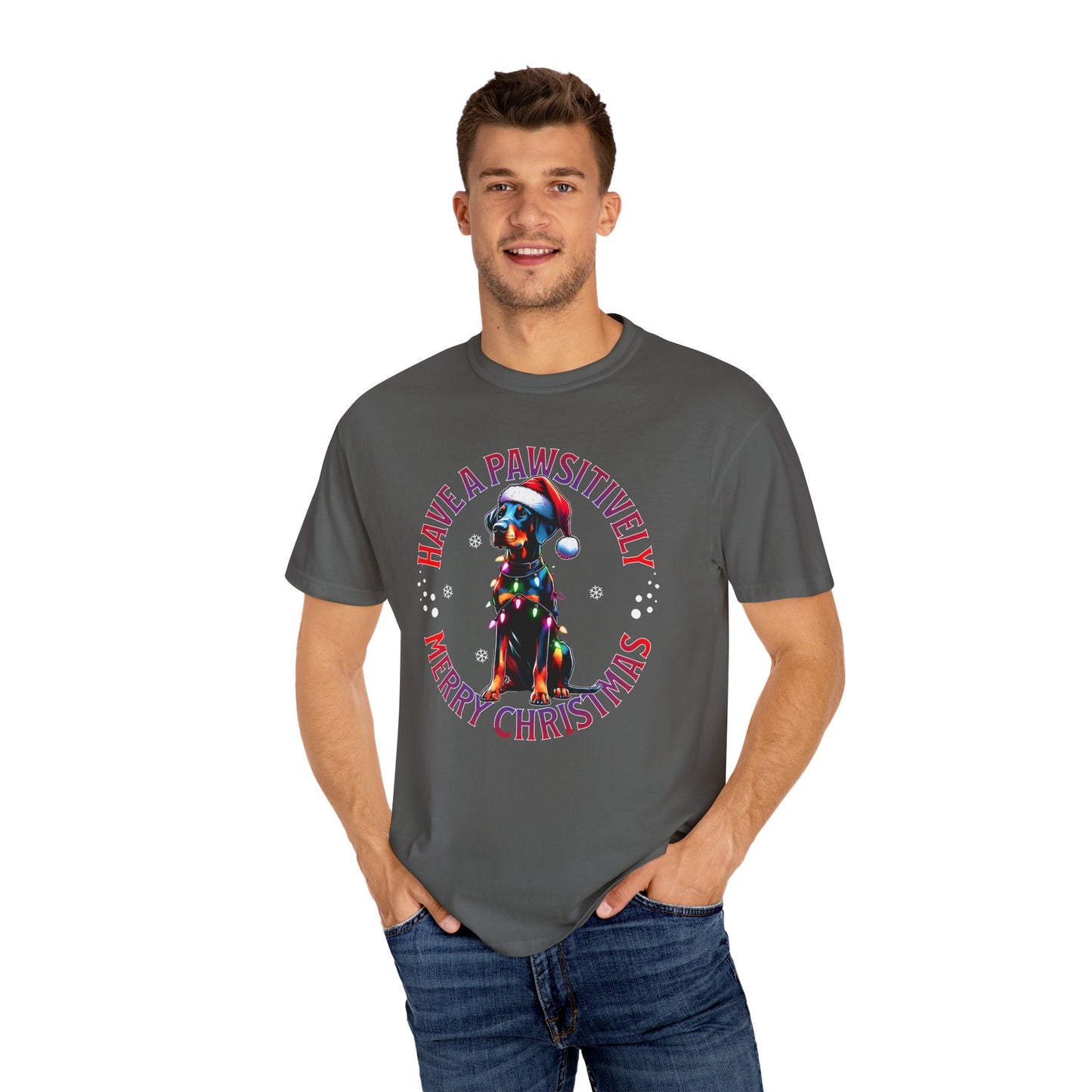 Christmas Dog T-Shirt  Doberman— "Have a Pawsitively Merry Christmas" Holiday Tee