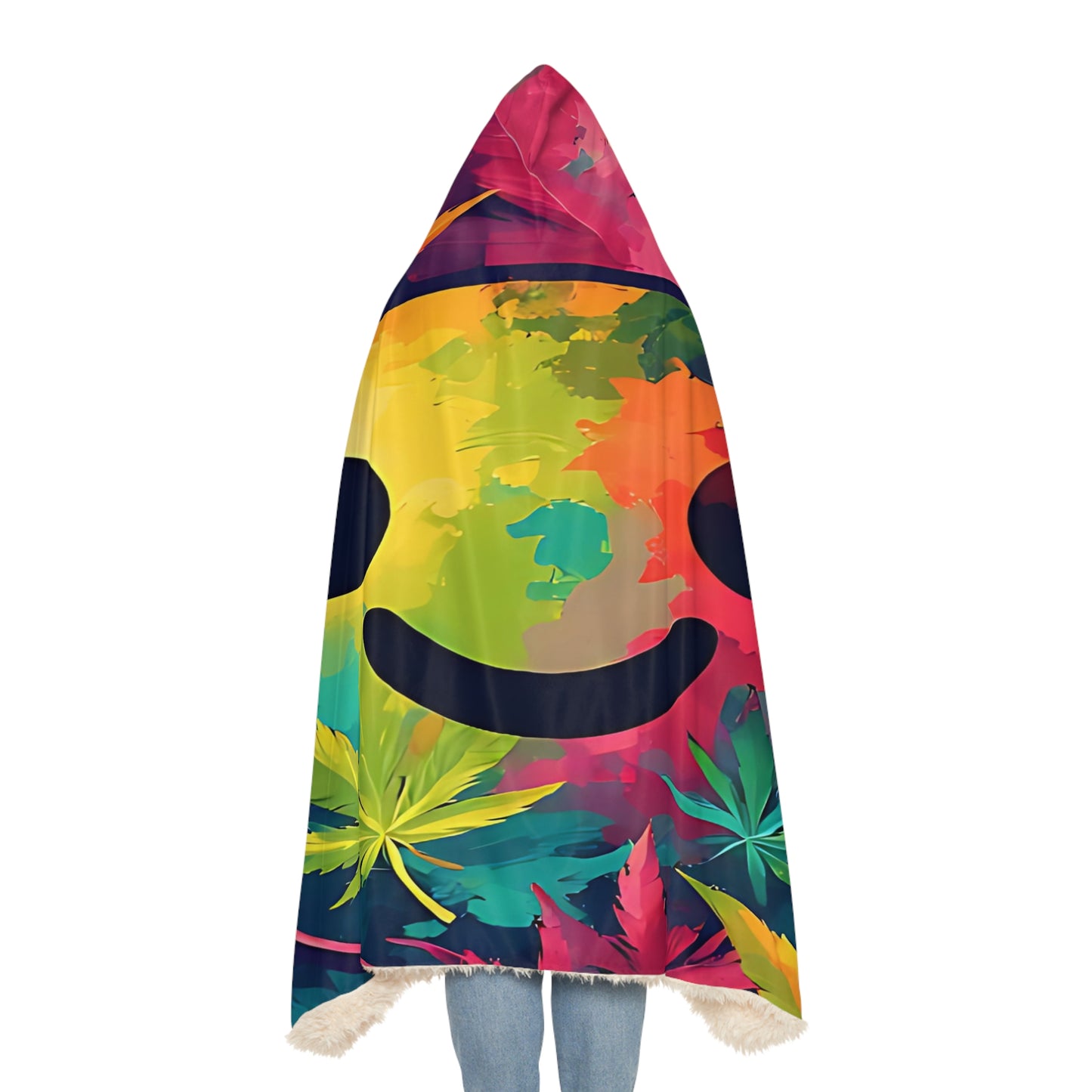 Hooded Blanket — Rainbow Smiley with Cannabis Leaf Cozy Throw