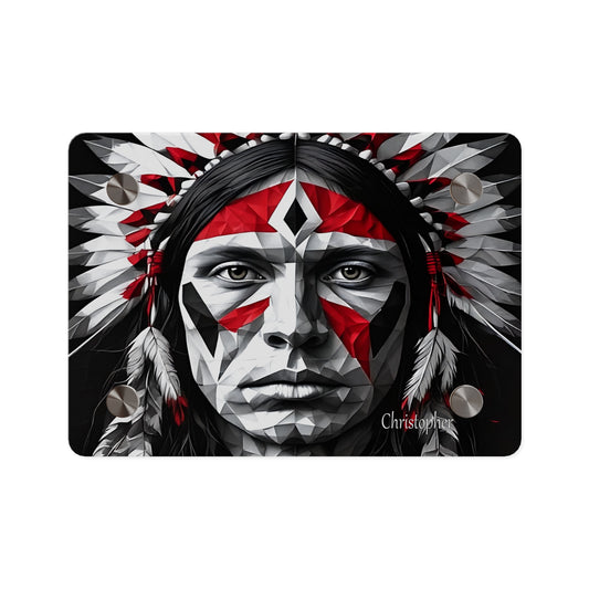 Acrylic Wall Art Panel — Geometric Indigenous Warrior Portrait (Red & Black)