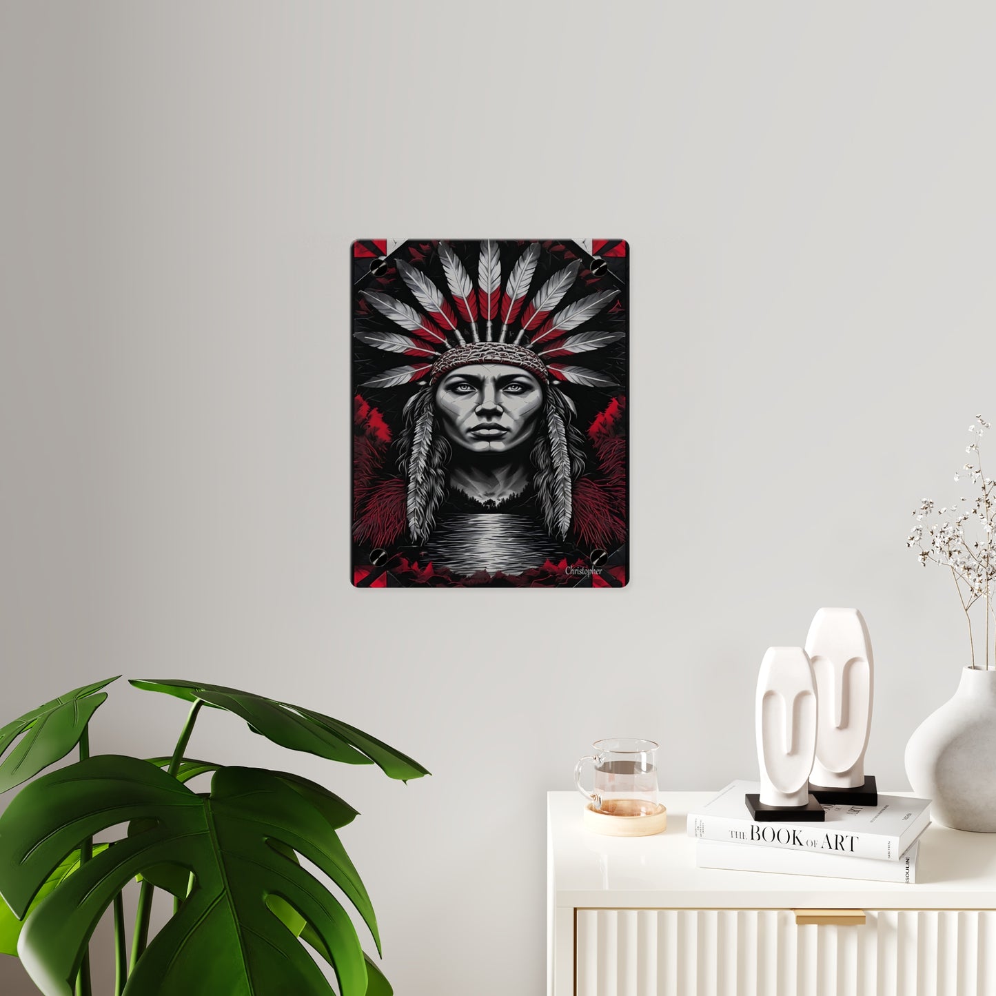 Acrylic Wall Art Panel — Bold Native Chief Portrait in Red & Black