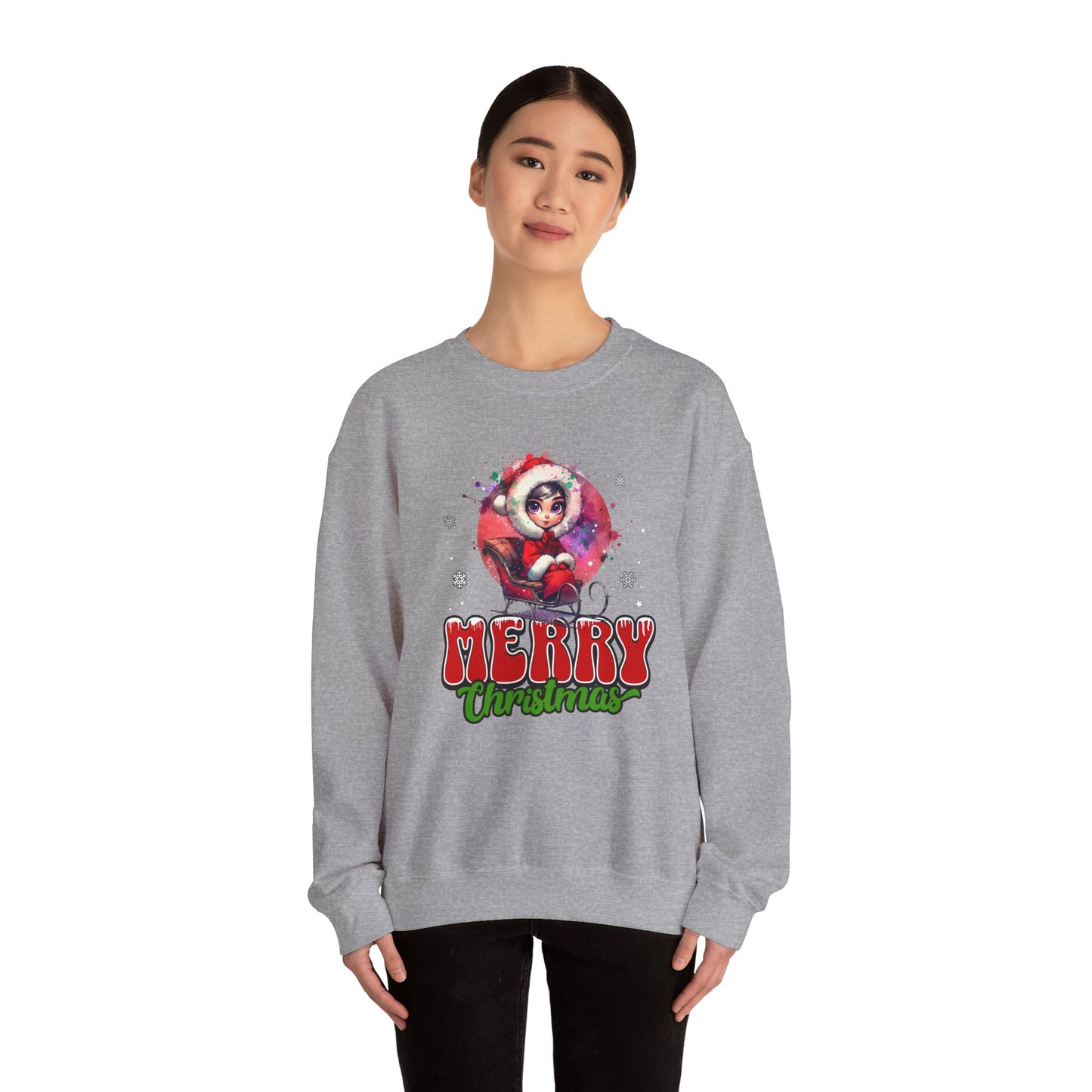 Christmas Crewneck Sweatshirt — Cute Santa Girl 'Merry Christmas' Holiday Pullover