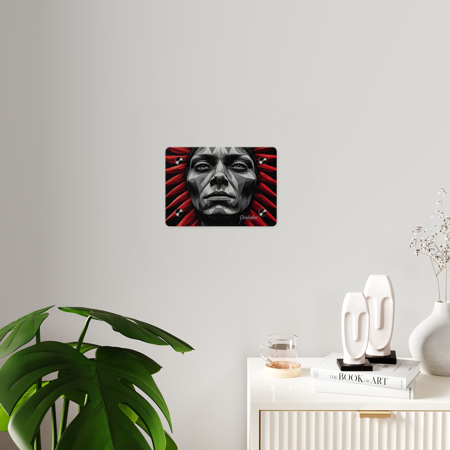 Acrylic Wall Art Panel — Geometric Tribal Face with Red Feather Headdress