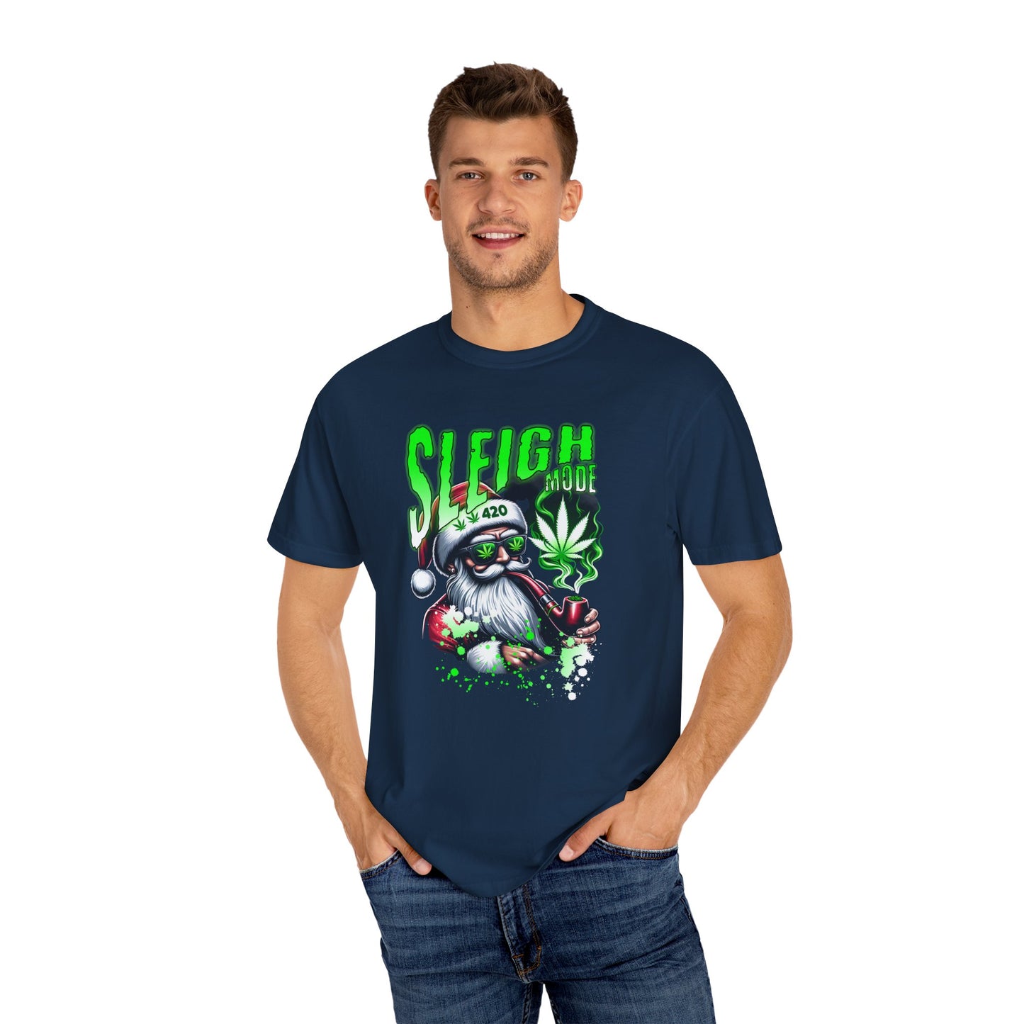 Sleigh Joe Graphic Tee, Unisex Holiday T-Shirt, Funny Christmas Shirt, Cannabis Santa Gift, Unique Tee for Parties