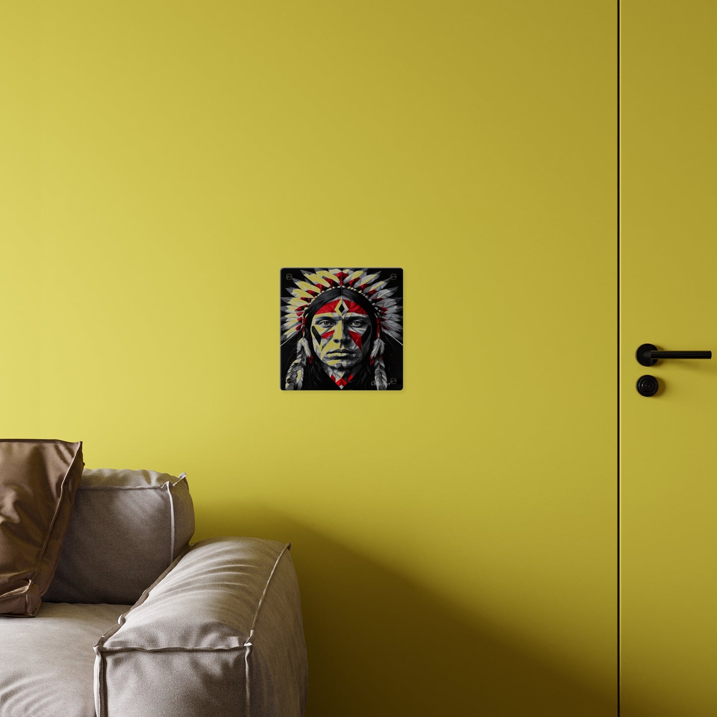 Acrylic Wall Art Panel — Geometric Indigenous Warrior Portrait (Red & Black)