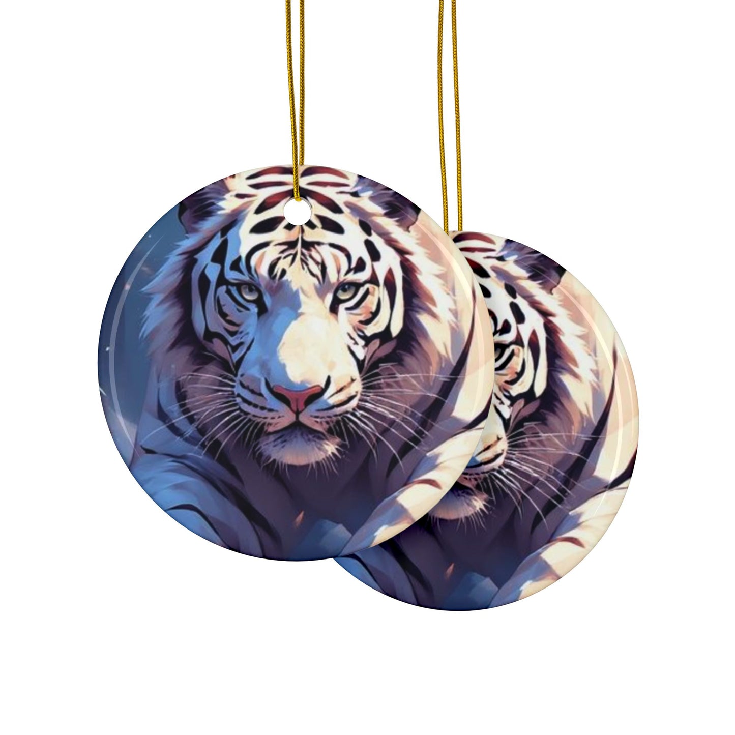White Tiger Ceramic Ornament — Double-Sided Wildlife Holiday Decoration