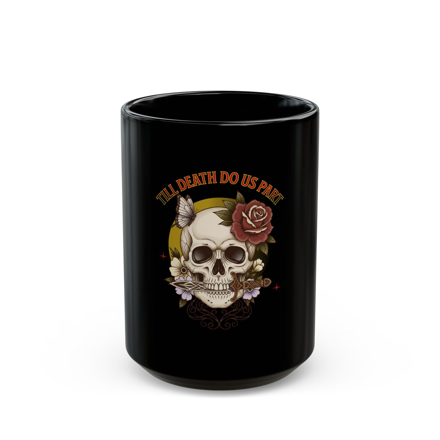 Day of the Dead Skull Coffee Mug — "Til Death Do Us Part" Black Ceramic